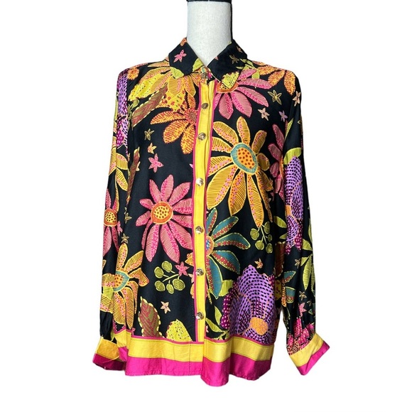 Cynthia Rowley Tunic Blouse Size 1X Button-up in Vivid Yellow Pink Purple Floral - Picture 1 of 5